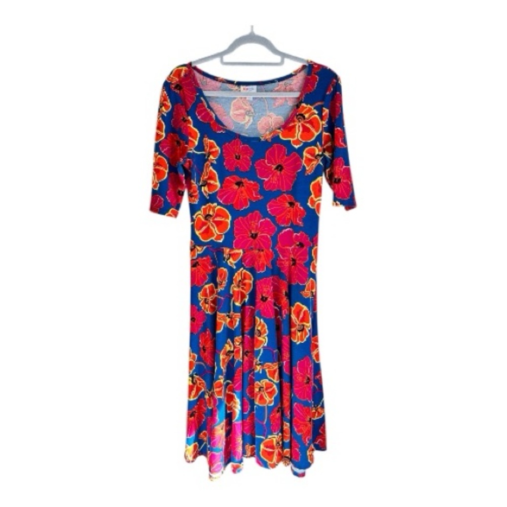 LuLaRoe Nicole Vibrant Blue and Pink Floral Midi Dress